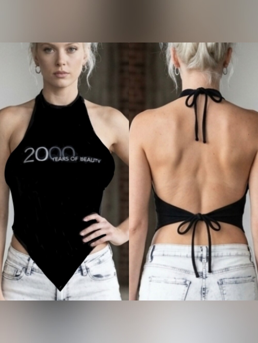 Vtg Y2K blk Paul Mitchell 2000 yrs beauty Hairstylist hankerchief halter top L